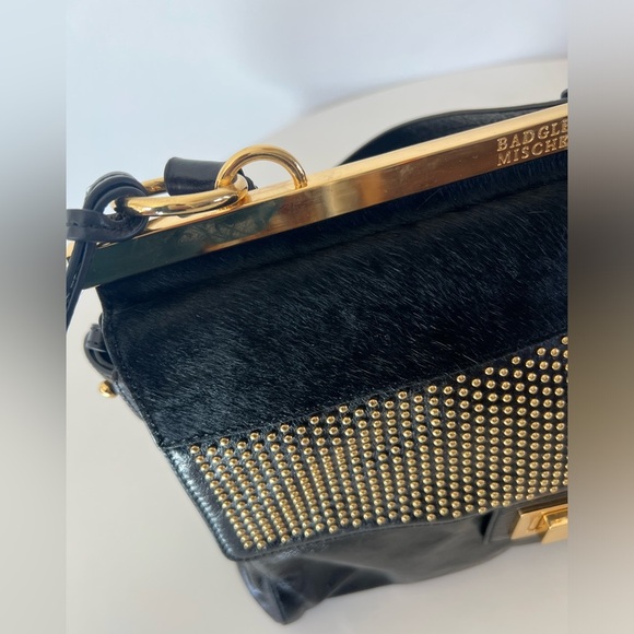 Badgley Mischka Black Patent Leather Calf Hair Gold Hardware Hand Bag - Picture 5 of 13